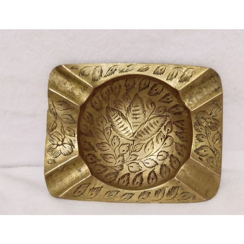 Vintage Indian Brass Ring Dish/ Ashtray Etched Flowers Hand Made